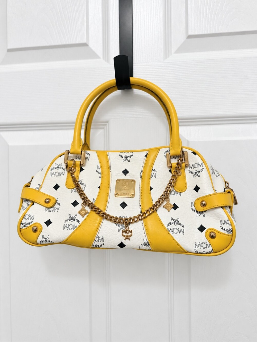 MCM Vintage Ella Boston Bag White Yellow Visetos Monogram Charm Chain Satchel